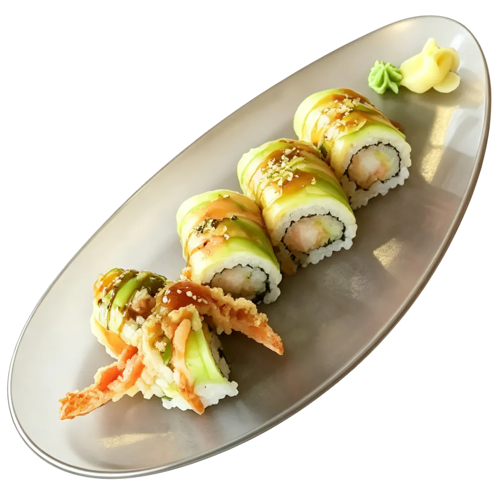 Avocado sushi roll with tempura shrimp garnish at Yamato Japanese Steakhouse, a Japanese Restaurant in Auburn