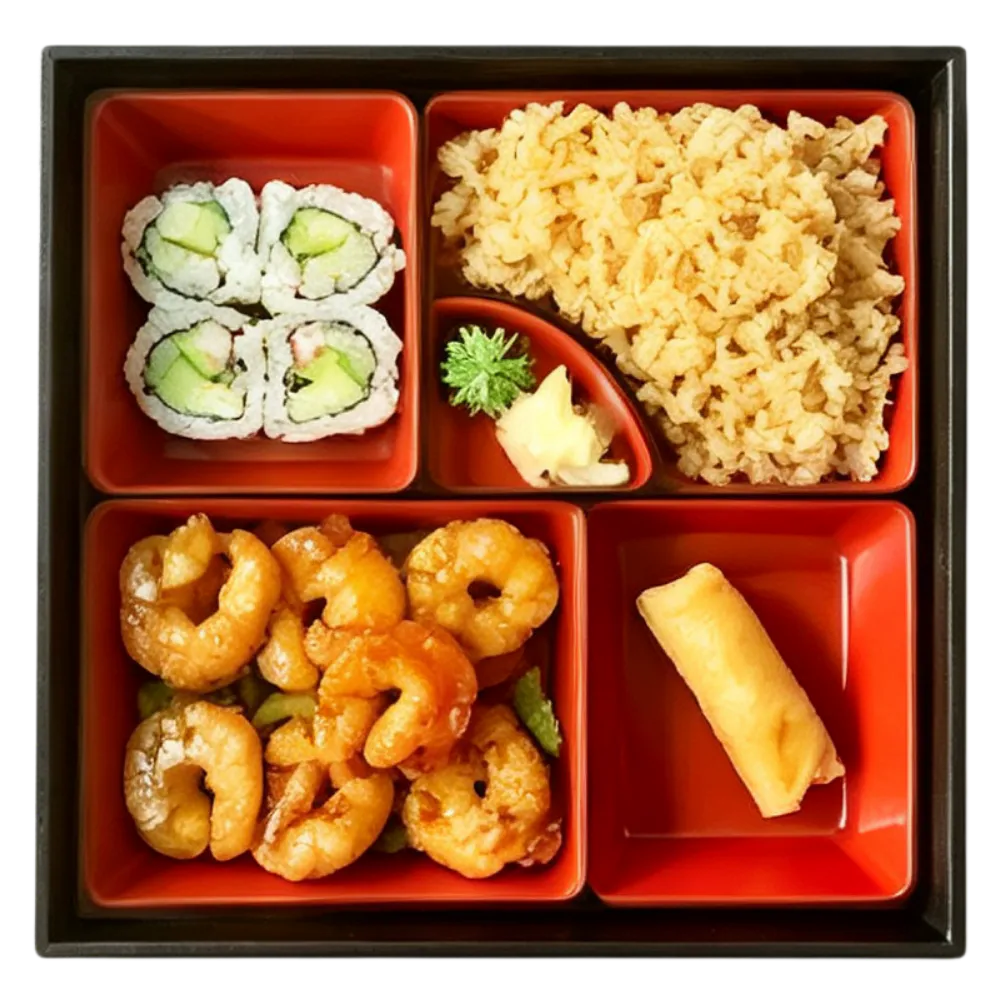 Japanese bento with sushi rolls, fried shrimp and spring roll at Yamato Japanese Steakhouse, a Japanese Restaurant in Auburn