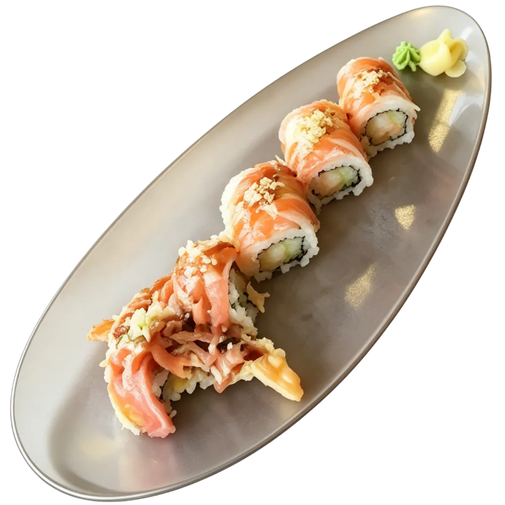 Sushi roll topped with shredded salmon and crispy bits at Yamato Japanese Steakhouse, a Japanese Restaurant in Auburn